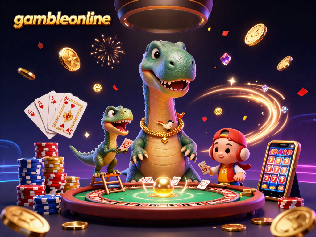 Engage with gambleonline's vibrant 3D casino scene featuring dinosaur characters and exciting game elements.