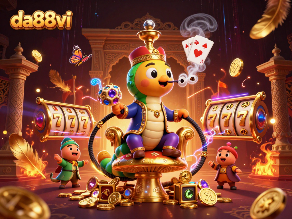 Experience da88vi casino excitement with a vibrant 3D illustration showcasing golden slot reels and dynamic characters.