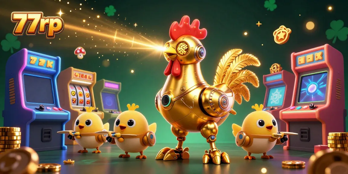 Play exciting games on 77rp with a vibrant scene of a golden rooster robot and arcade elements.