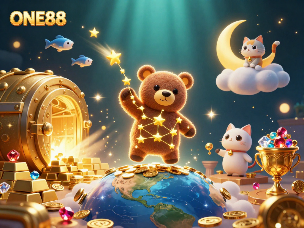 Win incredible rewards at ONE88 with this dynamic 3D casino illustration showcasing appealing treasures and excitement.