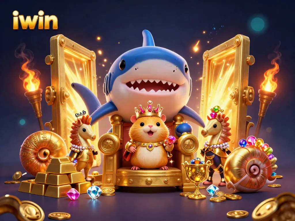 Experience the thrilling iwin casino atmosphere with a golden hamster king and treasures in this vibrant 3D illustration.