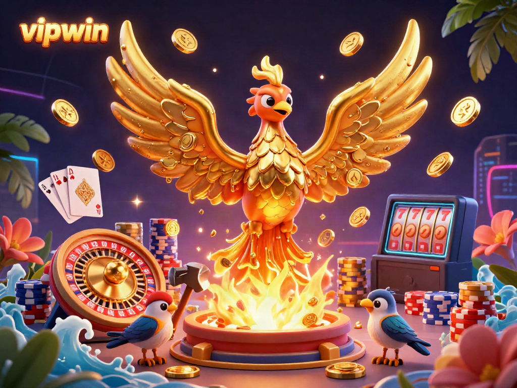 Experience the thrilling world of vipwin with a phoenix emerging from molten gold amidst vibrant casino elements.
