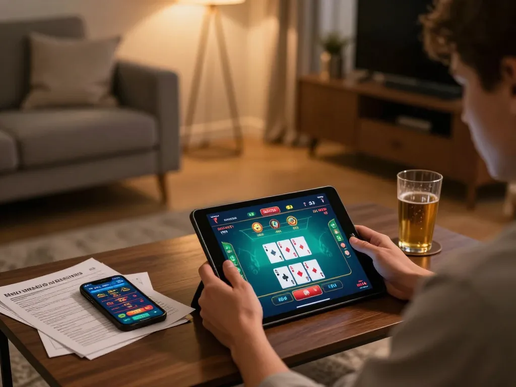 Player engaging in online casino games on a tablet, using the TG88 app for poker strategy.