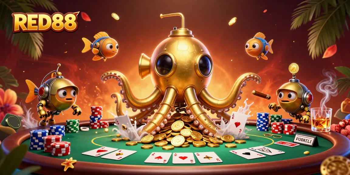 Experience the thrill of playing RED88 with a golden kraken submarine surfacing among poker chips and cards.