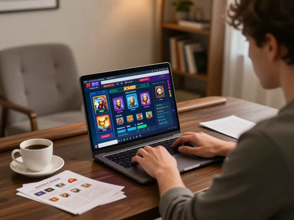 Player engaged in online gaming at xx88 on a laptop, surrounded by strategic betting notes and a cozy atmosphere.