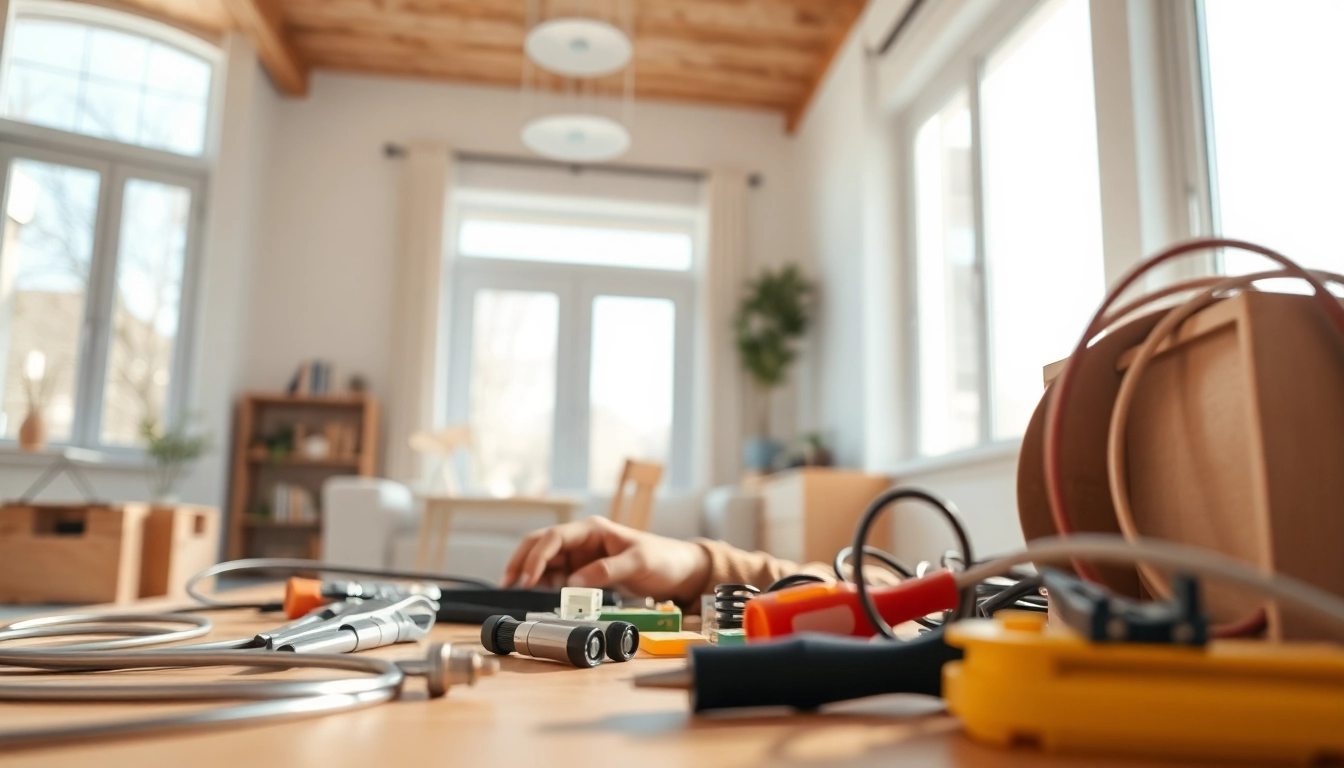 Electrician companies near me showcasing a professional electrician at work in a bright home.