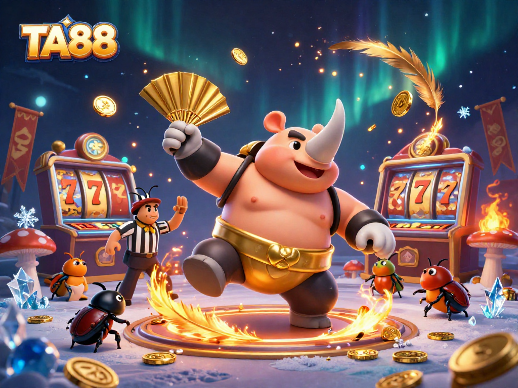 Win big with TA88 in a vibrant casino showdown featuring golden coins and colorful gaming elements.