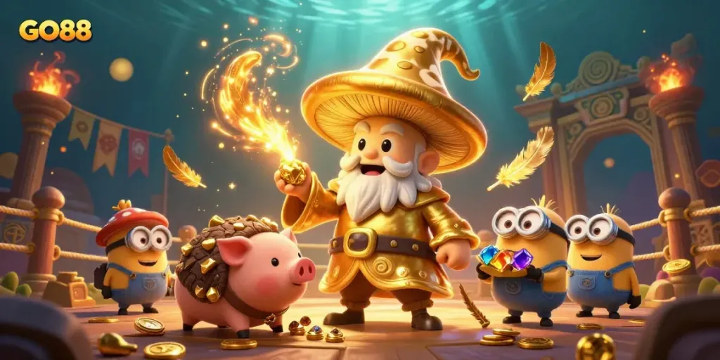 Experience magical winnings at GO88 with enchanting golden mushroom and treasure elements in a vibrant gambling scene.