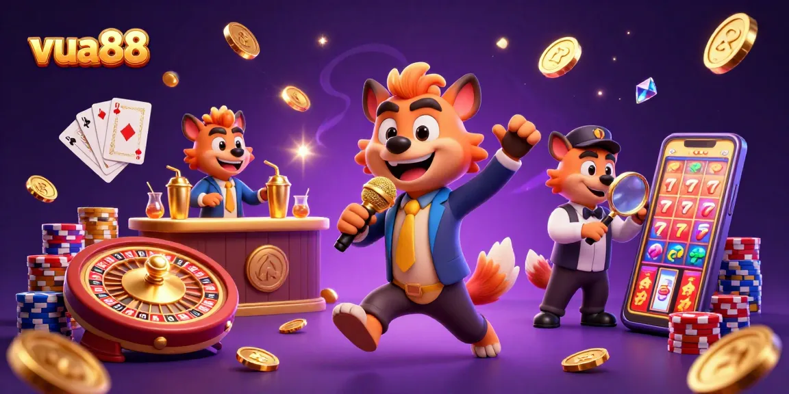 Experience fun at vua88 with hyenas performing comedy in a vibrant casino atmosphere.