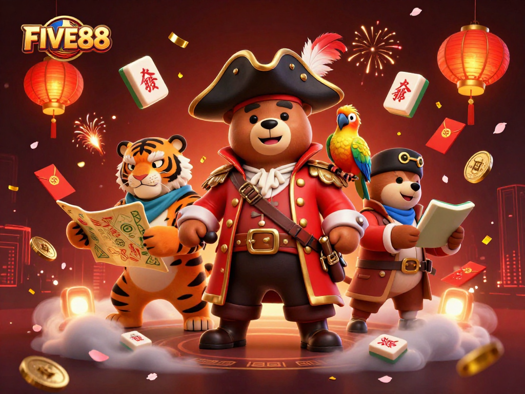 Experience the excitement at FIVE88 with a colorful illustration featuring a pirate bear, tiger, and golden parrot in a vibrant casino setting.