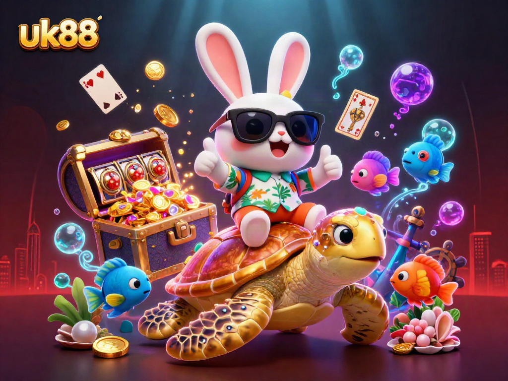 Engage with uk88's colorful casino scene featuring a lucky rabbit and treasure-filled adventure.