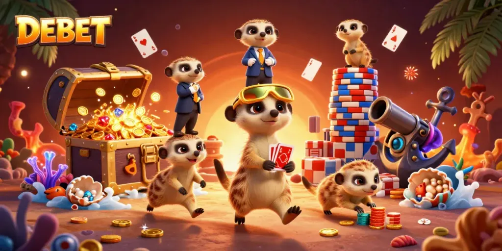 Experience thrilling bets at DEBET's vibrant casino scene with meerkat characters and dynamic games.