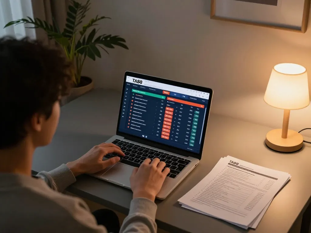 Engaging in sports betting using TA88 on a laptop, with betting strategies visible on the desk.