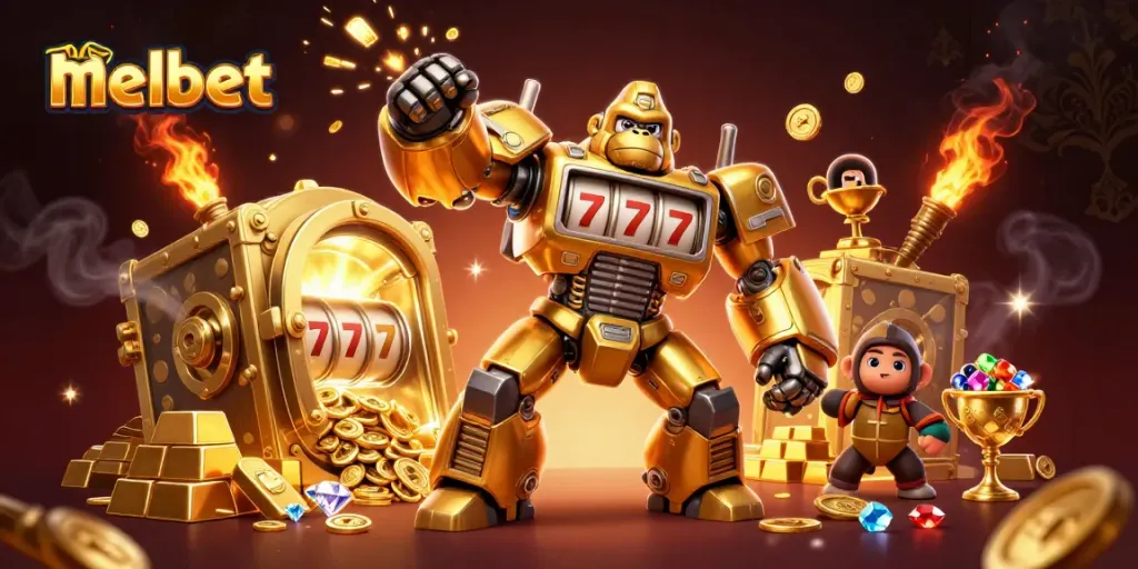 Engage with melbet in a vibrant 3D casino action scene, featuring a golden gorilla mech and dazzling gold treasure.