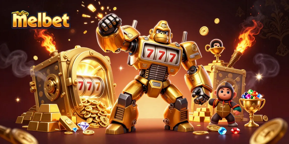 Engage with melbet in a vibrant 3D casino action scene, featuring a golden gorilla mech and dazzling gold treasure.