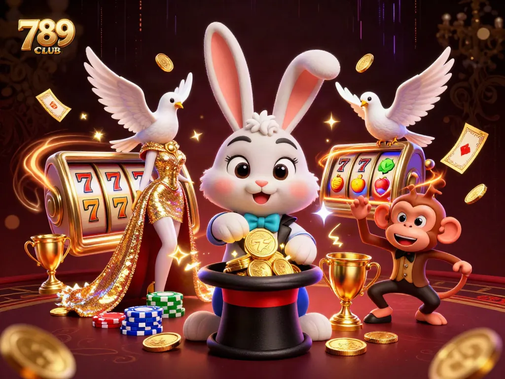 Experience the magic of 789CLUB with a 3D magician rabbit and vibrant casino elements spinning.