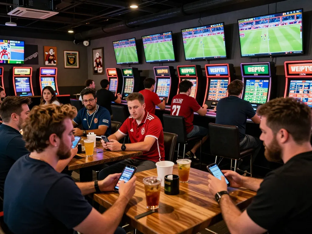 Patrons engaging in live sports betting at the keonhacai5 bar, displaying multiple screens with action-packed games.