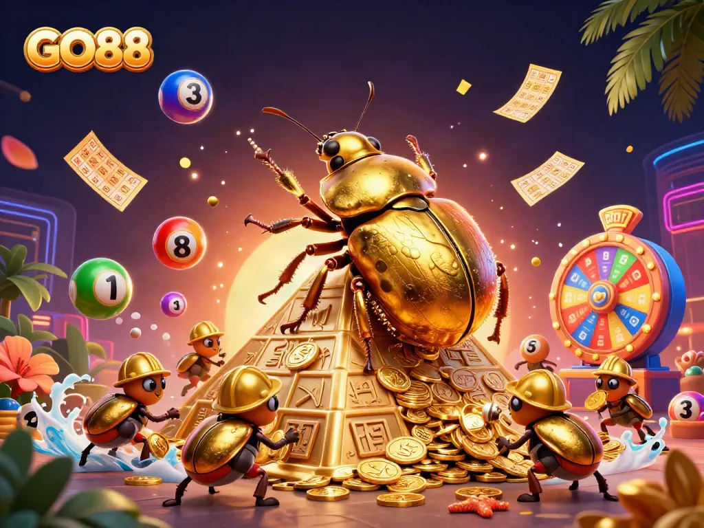 Engage with GO88's vibrant casino ecosystem featuring golden beetles, bouncing lottery balls, and a dynamic prize wheel.