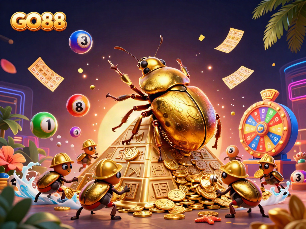 Engage with GO88's vibrant casino ecosystem featuring golden beetles, bouncing lottery balls, and a dynamic prize wheel.