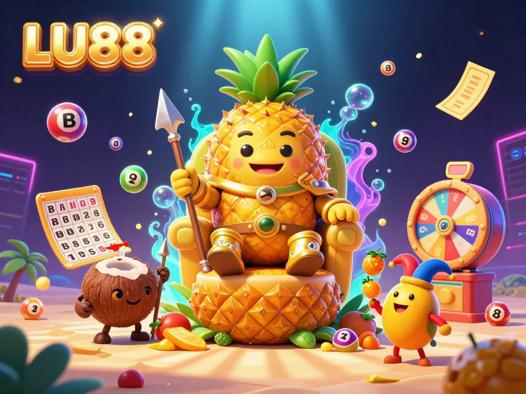 LU88 brings excitement with a dynamic beach casino scene featuring a golden pineapple king and vibrant lottery elements.