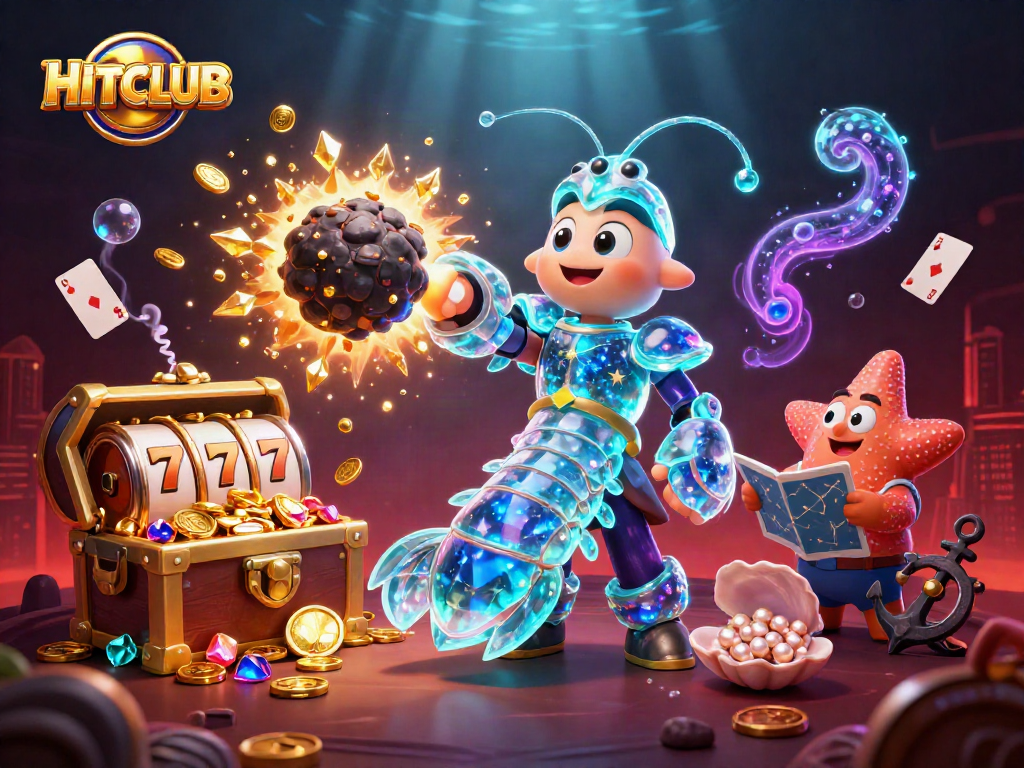 Engage in thrilling gameplay with HITCLUB amidst vibrant underwater treasures and slot elements.