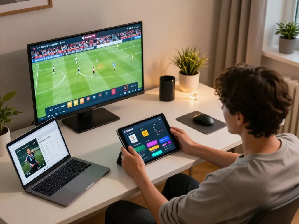 Cakhia tv user enjoying a live football match on tablet with strategic betting interface nearby