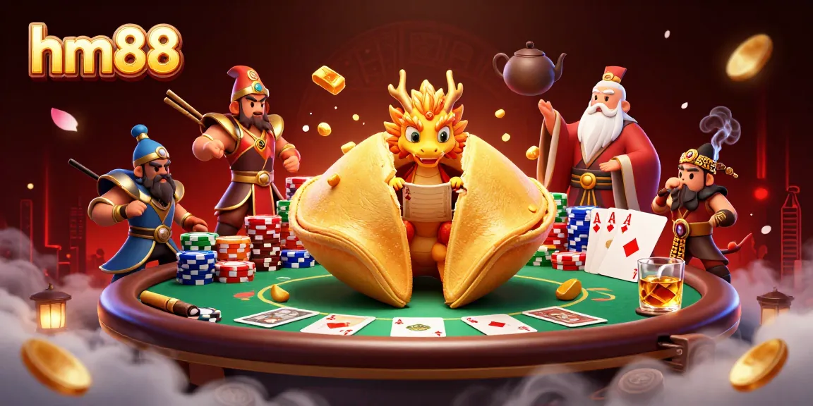hm88 players engage with fortune cookie characters amidst a vibrant casino scene full of poker elements.