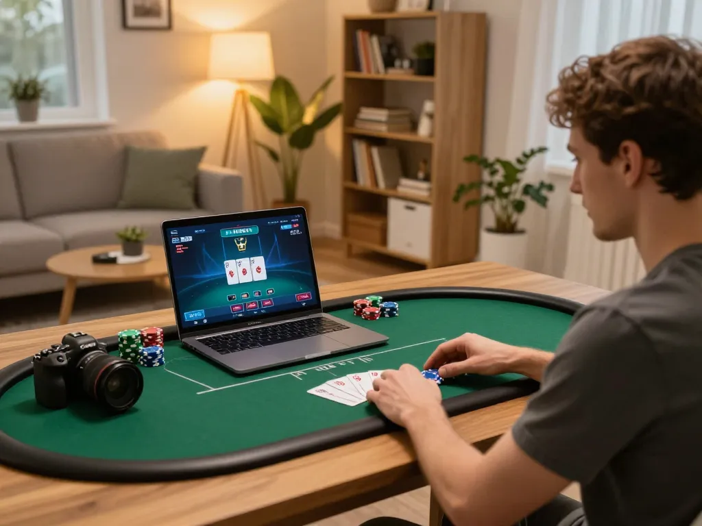 Player enjoying cm88 poker game on laptop in cozy home setting, emphasizing strategic online gambling.