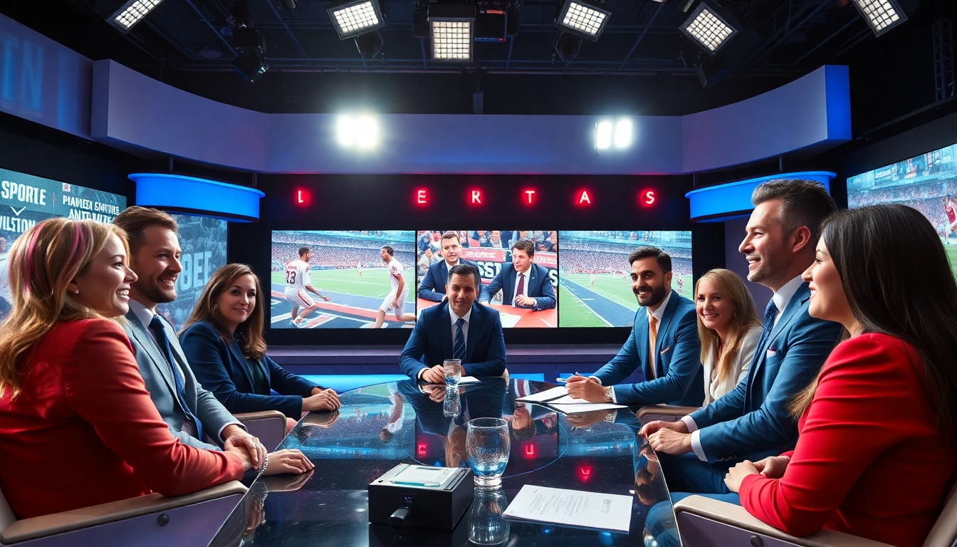 Engaging sports broadcasting commentators in a vibrant studio setting, showcasing live sports events.
