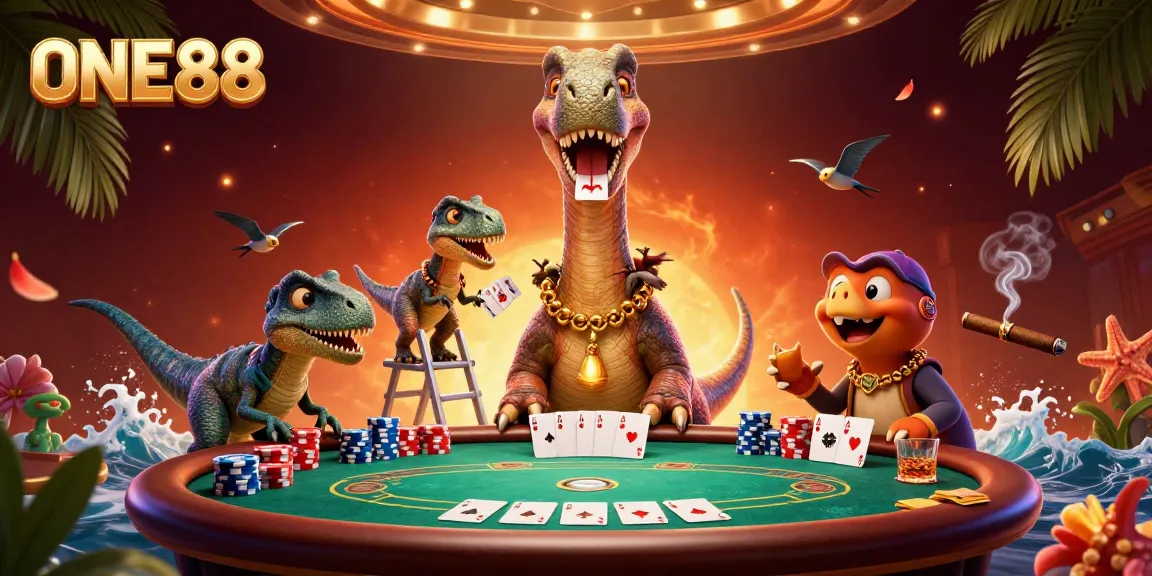 ONE88 showcases a thrilling poker scene featuring a towering dinosaur and clever raptor dealing cards.