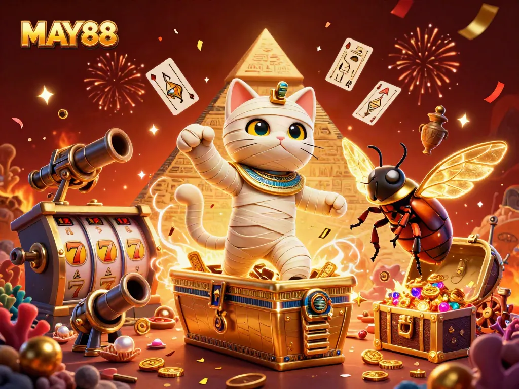 MAY88's immersive 3D casino adventure featuring a mummy cat and golden sarcophagus