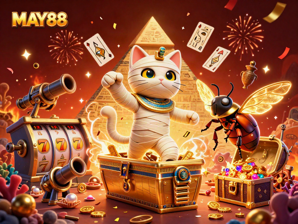 MAY88's immersive 3D casino adventure featuring a mummy cat and golden sarcophagus