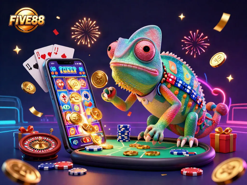 Join the excitement at FIVE88 with a lively casino illustration, featuring a chameleon owner and dynamic gaming elements.