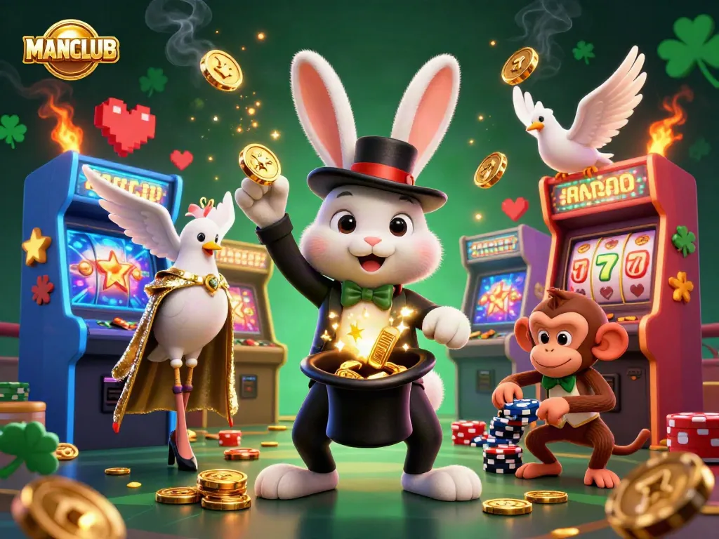 Engage with MANCLUB's vibrant casino scene featuring a magician rabbit and dynamic gaming elements.
