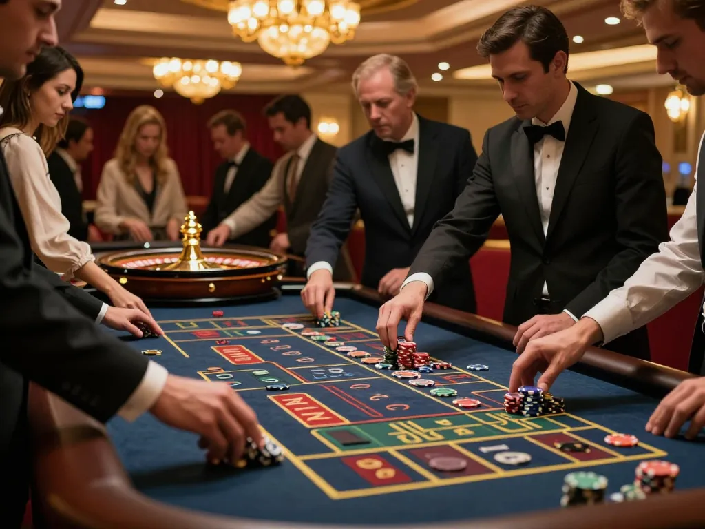Experience high stakes at https://da88at.com/ with players engaged at a vibrant roulette table in an upscale casino setting.