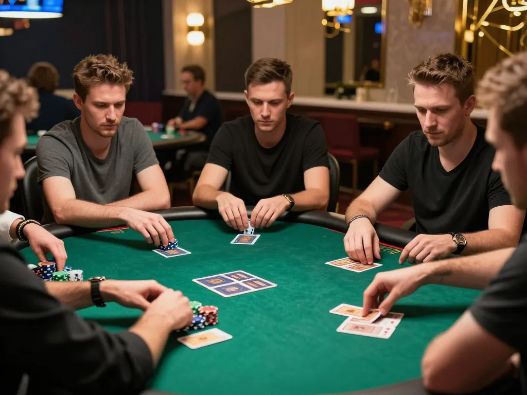 Engaged players at XOCDIA88 analyzing poker hands during a thrilling game session