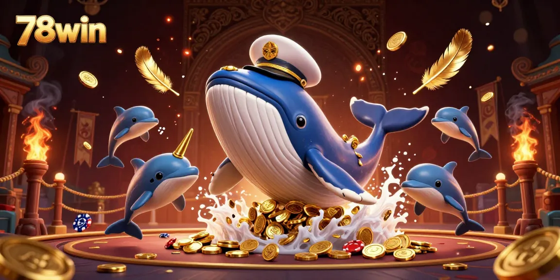 Engage with 78win's vibrant casino world featuring a whale, narwhal, and dolphins playfully surrounded by gold and gaming elements.