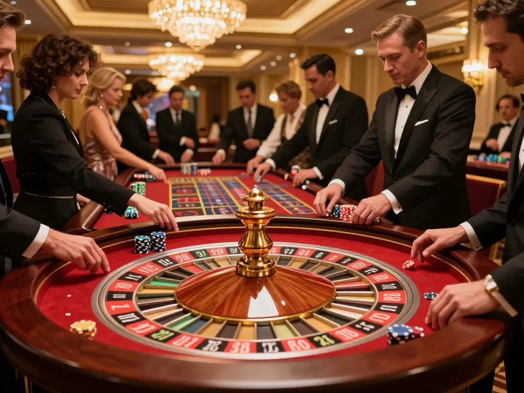 The excitement of 90P at a luxury casino roulette table, players engaging with vibrant betting chips.