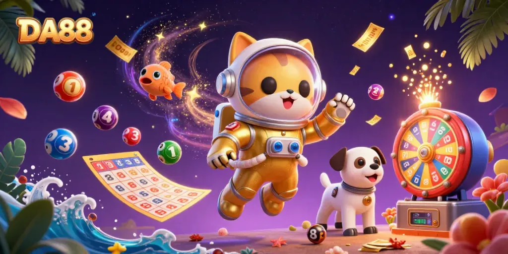 Engage with DA88's vibrant casino atmosphere featuring a 3D golden astronaut cat and dynamic game elements.