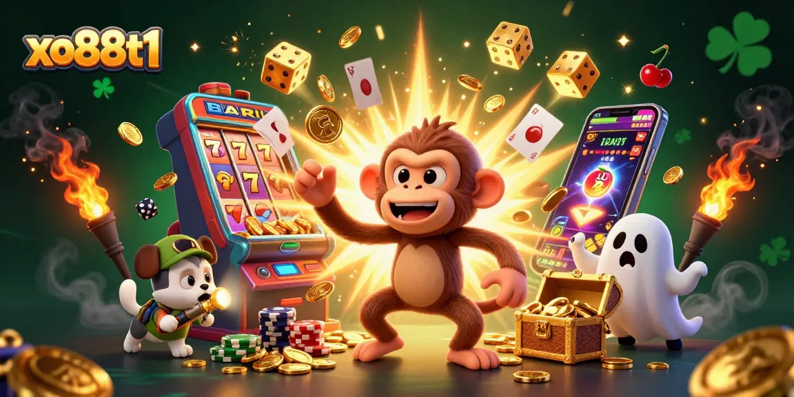 Engage with the vibrant xo88t1 casino scene as a playful poltergeist monkey juggles gold while a puppy tracks its antics.