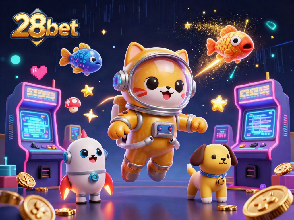 Engage in the thrilling 28bet casino experience with an astronaut cat and exciting game elements.