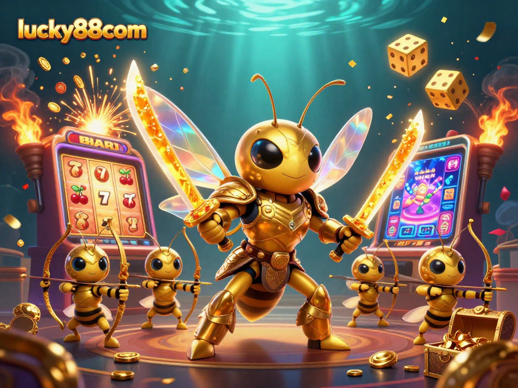 Engage in vibrant gameplay actions at lucky88com, surrounded by dynamic gaming elements and prize explosions.