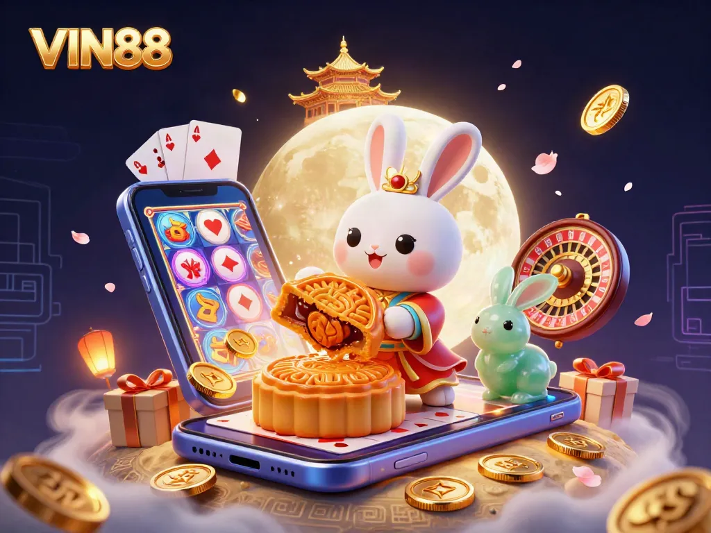 Engage with VIN88's gambling adventure as the moon rabbit reveals poker chips in a vibrant 3D scene.
