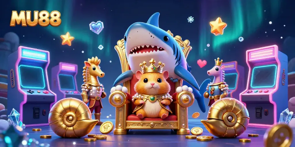 Engage with MU88's vibrant 3D casino scene featuring a golden hamster king and colorful arcade game elements.
