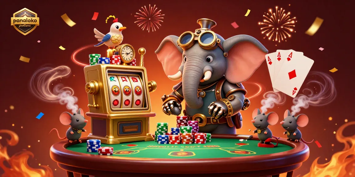Engage with the thrilling panaloko platform as a steampunk elephant operates a golden slot machine surrounded by gambling elements.