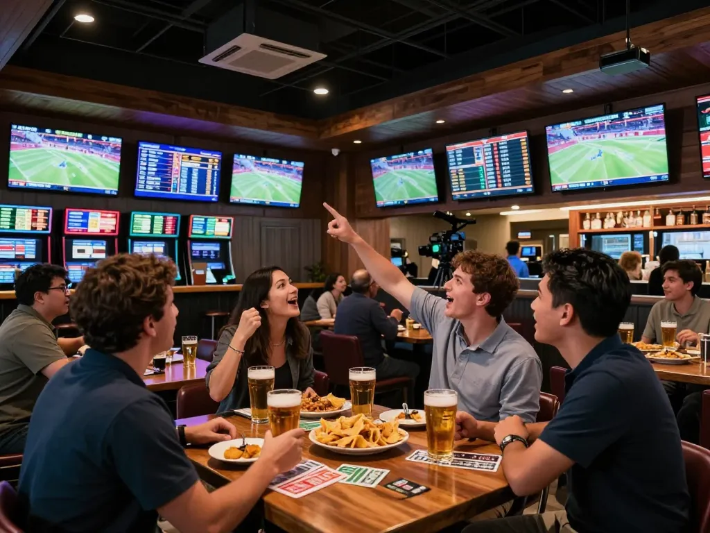 Engage in sports betting at SC88COM sportsbook with lively patrons and live game screens.
