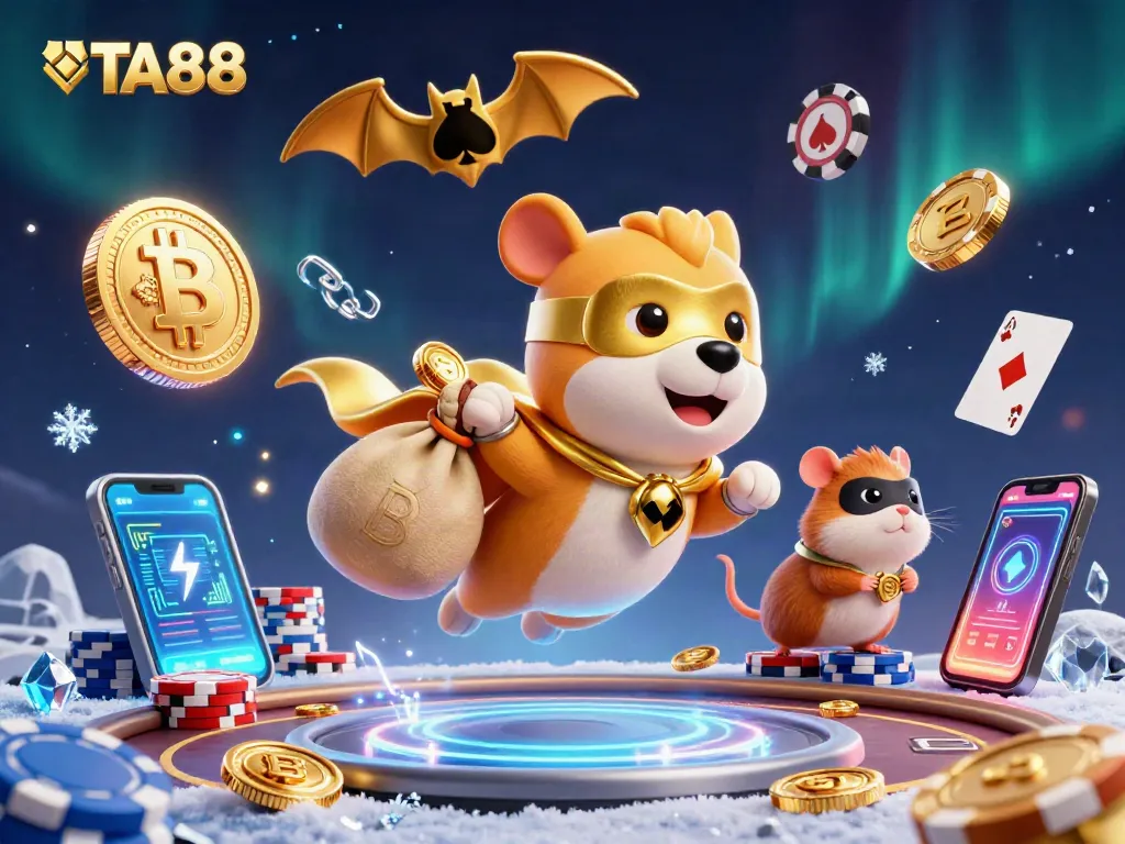 Join TA88 with a dynamic superhero dog and hamster cracking poker chip rewards in an engaging casino scene.
