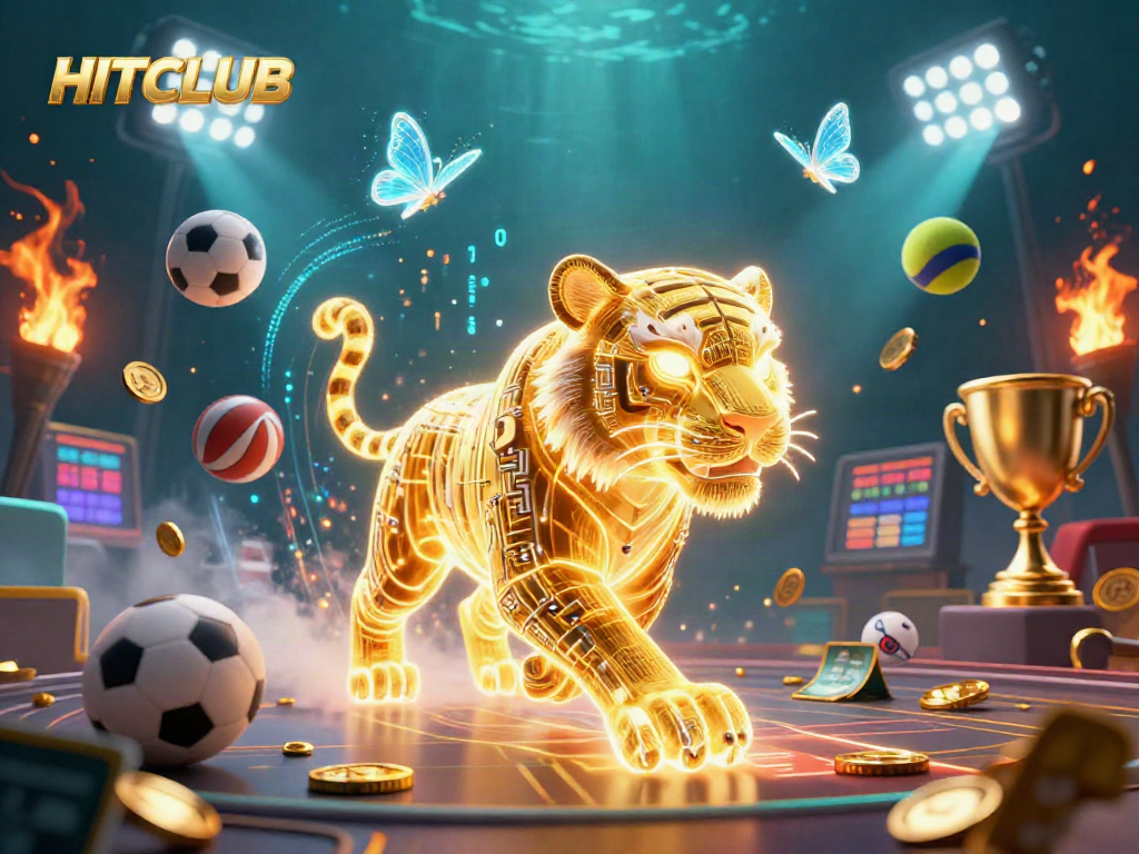Engage with HITCLUB’s vibrant digital casino experience featuring a golden tiger in a lively environment.