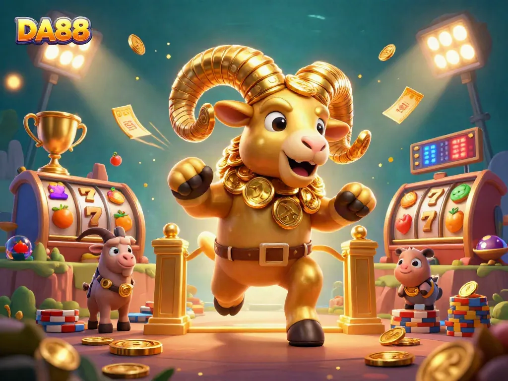 Experience thrilling DA88 slot action with golden ram, vibrant symbols, and dynamic elements.