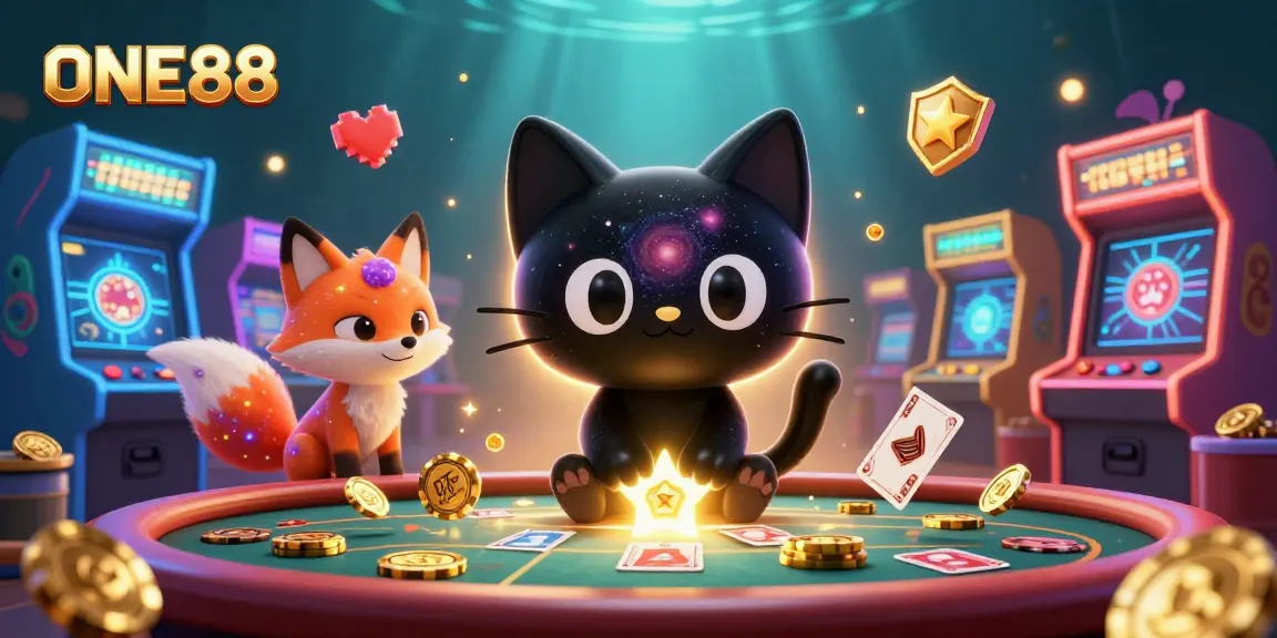 Experience ONE88's cosmic allure with a black hole cat and nebula fox at a vibrant casino.